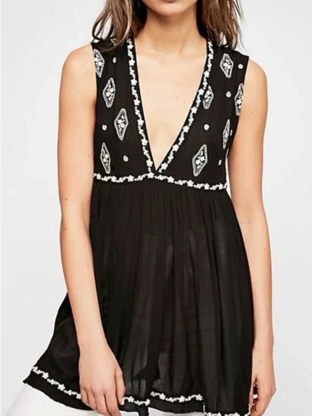 Free People Black Tunic with White Embroidery